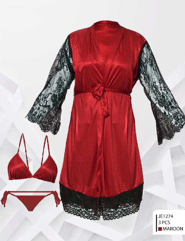 Two Hearts 3 Pcs Silk Nighty Set - JE-1274 - Maroon