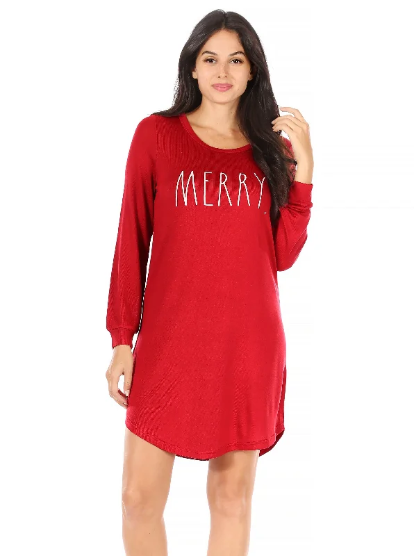 Women's "MERRY" Red Long Sleeve Holiday Nightshirt