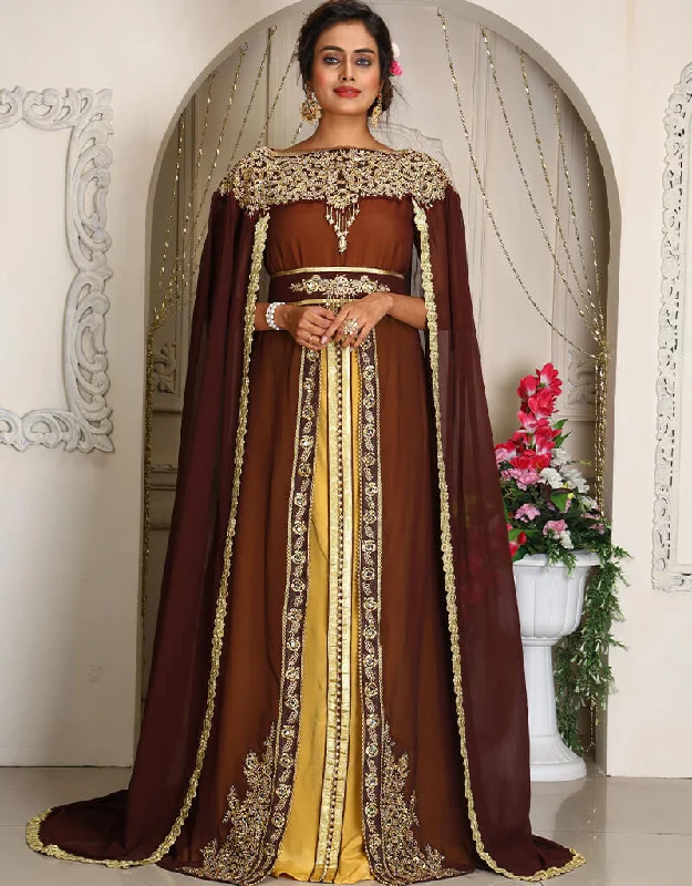 Chic Brown Georgette Stone Embroidery Moroccan