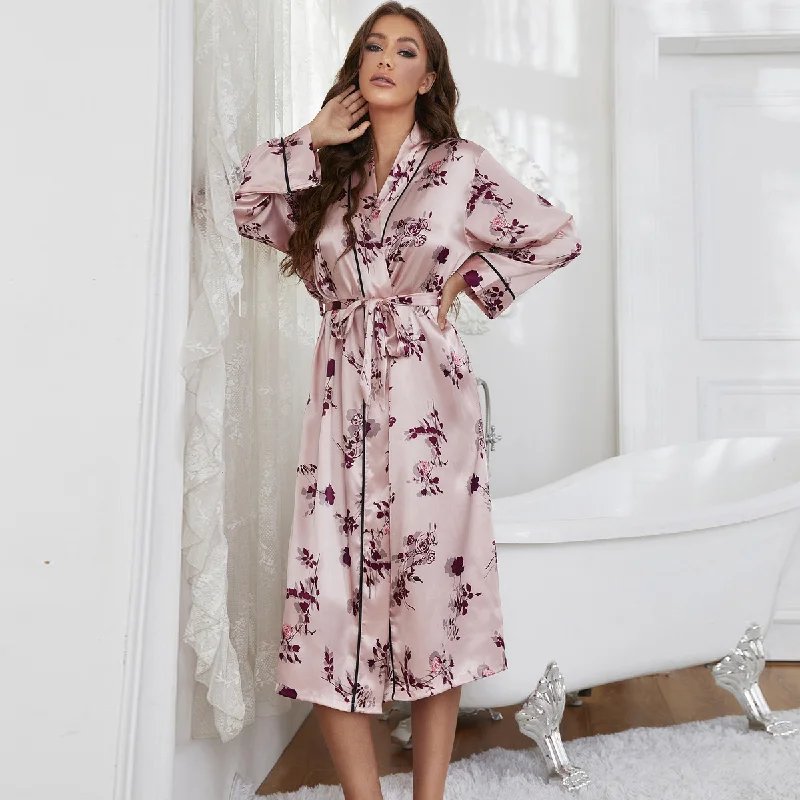 Cozy Women Lingerie Fashion Floral Print Long Sleeve Satin Pajamas Nightrobe