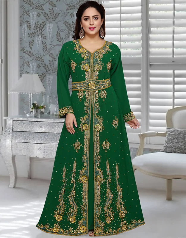 Muslim Green Georgette Multi Embroidery Moroccan Kaftan