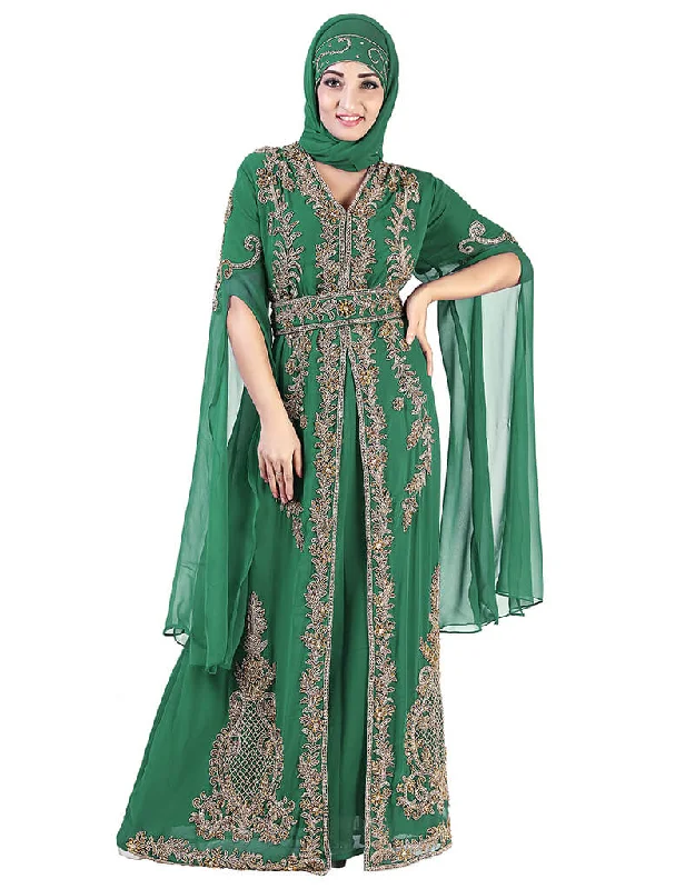 Modern Green Georgette Pearl Embroidery Kaftan