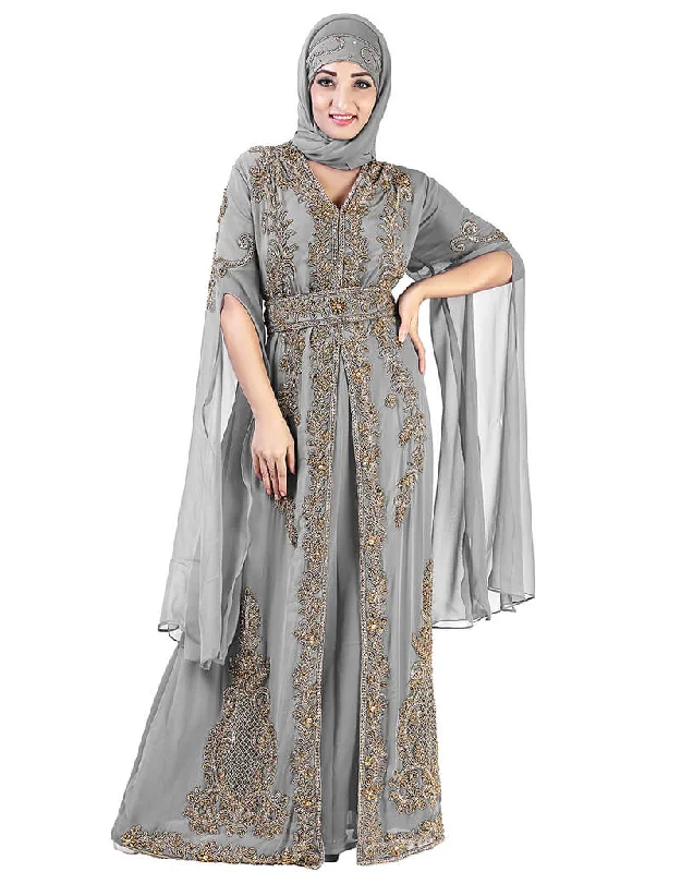 Muslim Grey Georgette Pearl Embroidery Kaftan