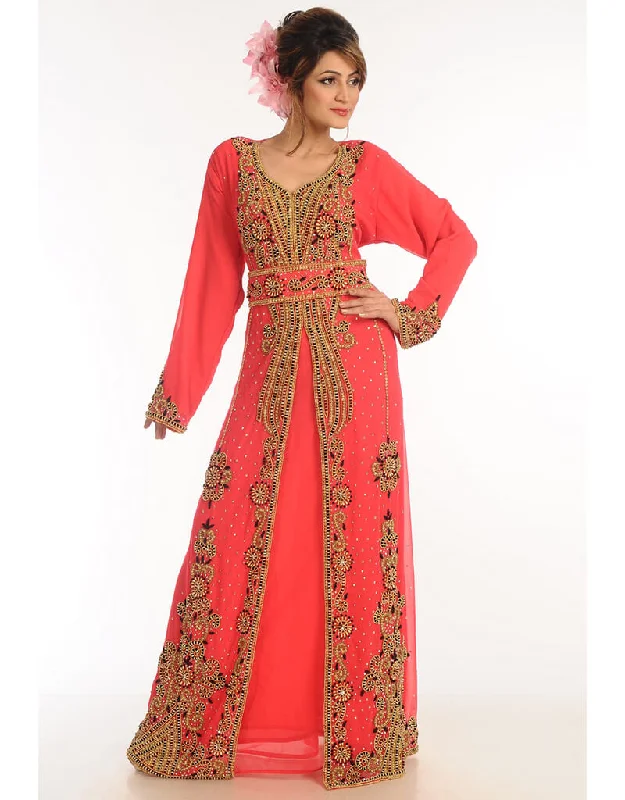 Dubai Peach Georgette Hand Zari Embroidery Kaftan