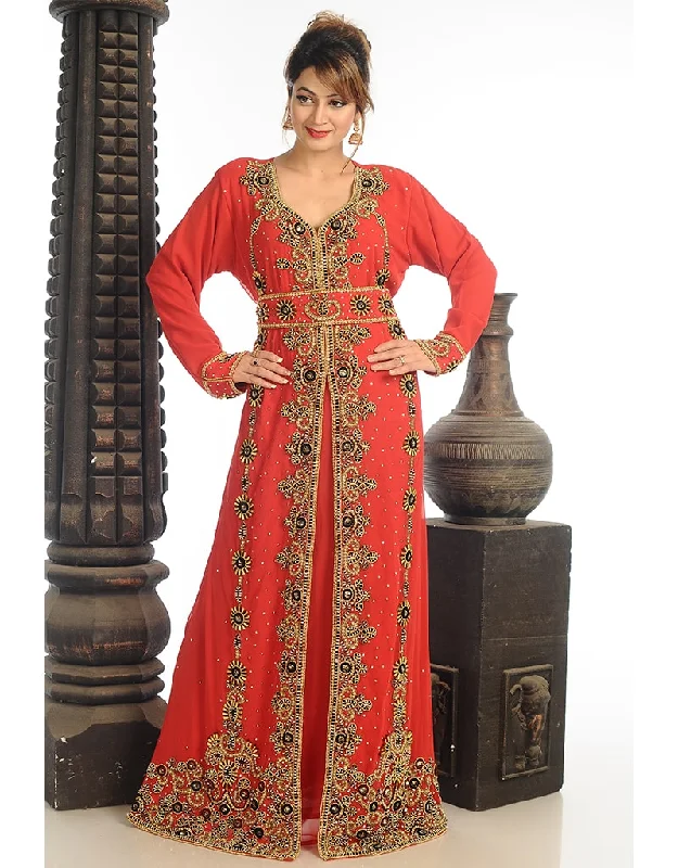 Arabic Red Georgette Hand Zari Embroidery Kaftan