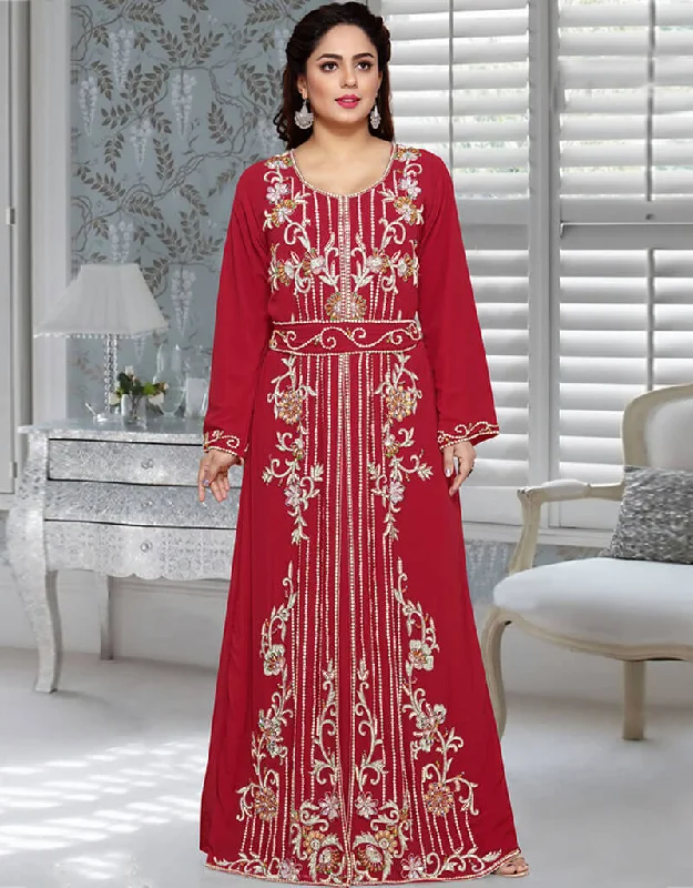 Modern Red Georgette Pearl Embroidery Worked Kaftan