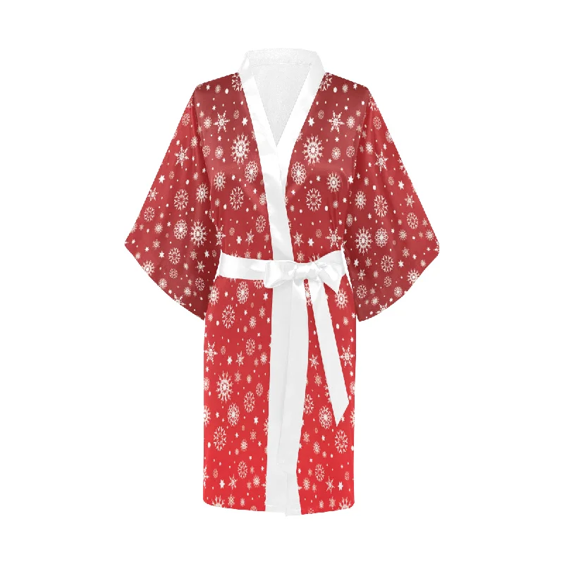 Snowflake pattern red background Women's Short Kimono Robe