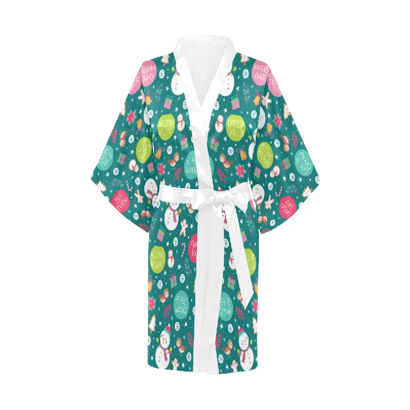 Snowman bird decorative elements christmas pattern Women's Short Kimono Robe