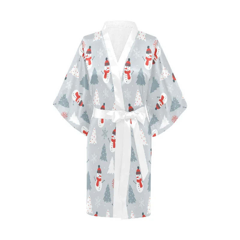 Snowman christmas  tree snow gray background Women's Short Kimono Robe