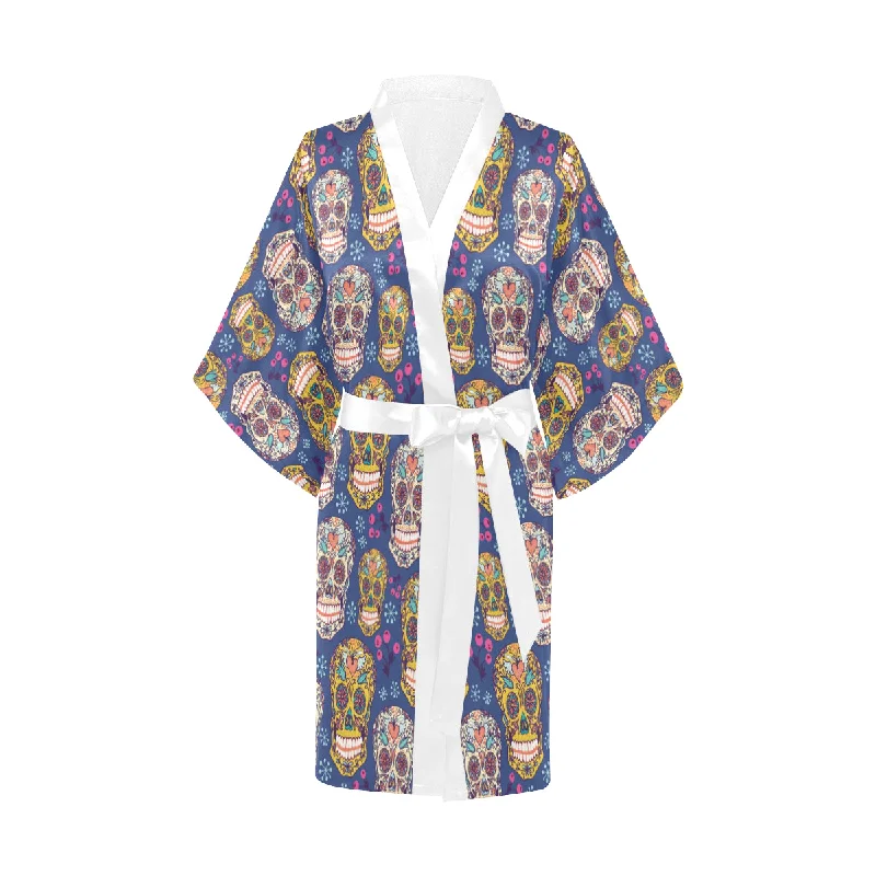 Sugar skull flower pattern Women's Short Kimono Robe