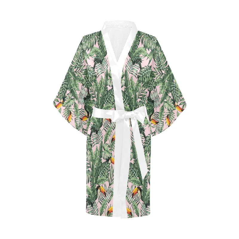 Toucan tropical green jungle palm pattern Women's Short Kimono Robe