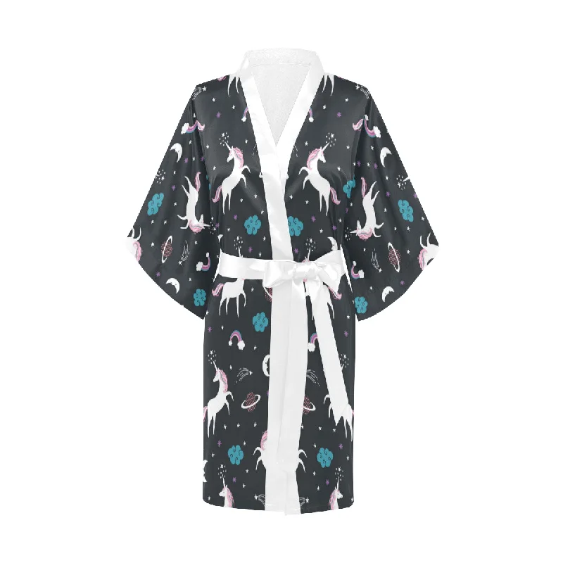 unicorn rainbows moon clound star pattern Women's Short Kimono Robe