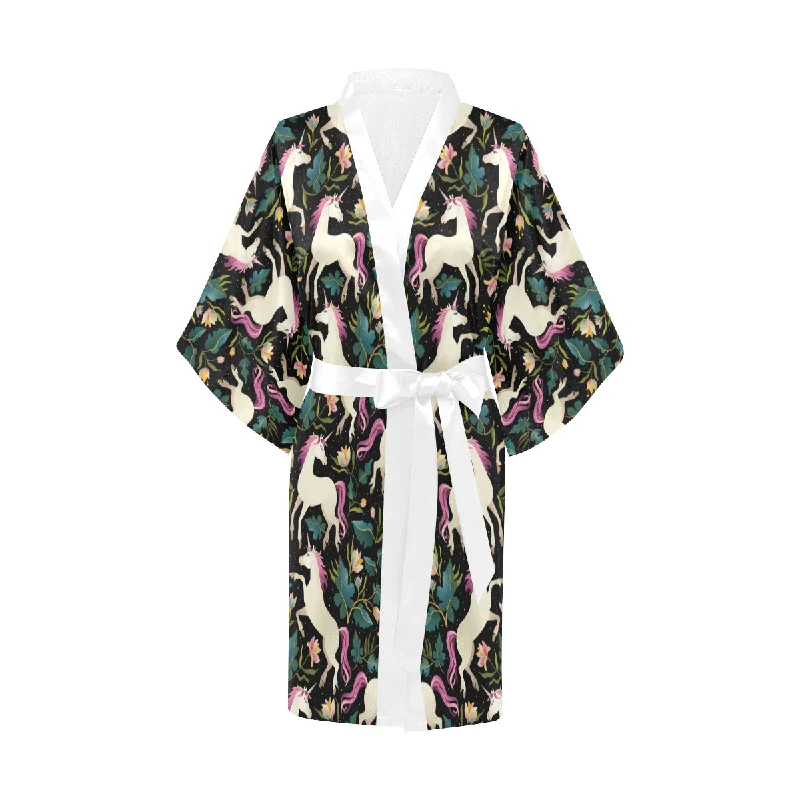 Unicorns forest background Women's Short Kimono Robe