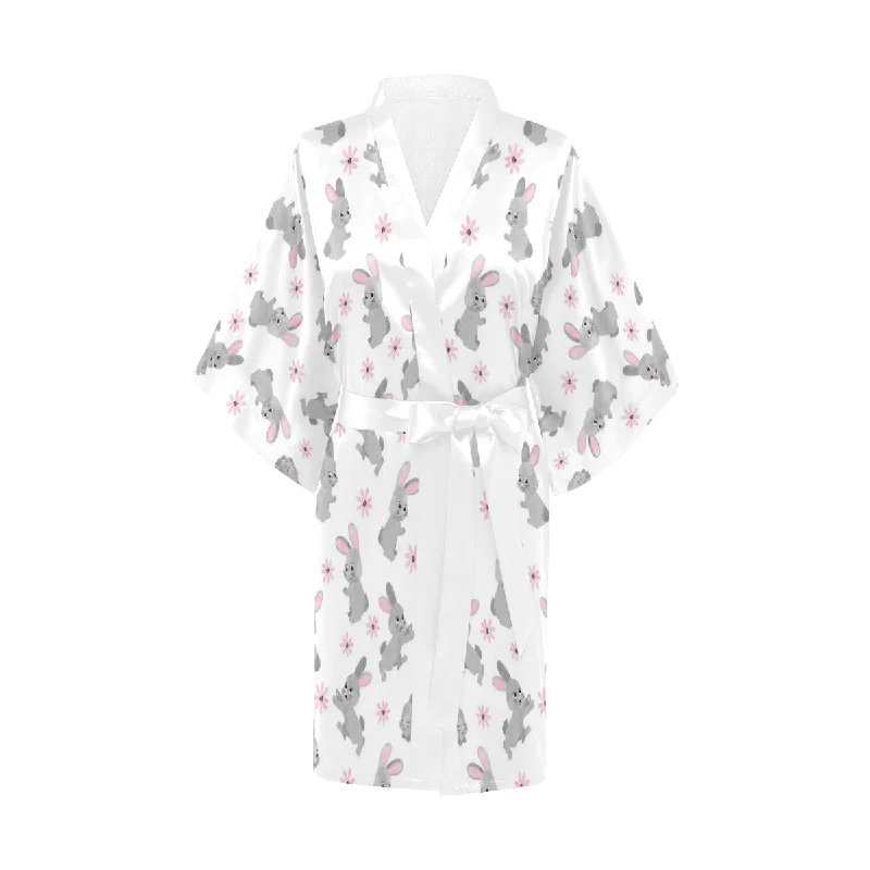 Watercolor cute rabbit pattern Women's Short Kimono Robe