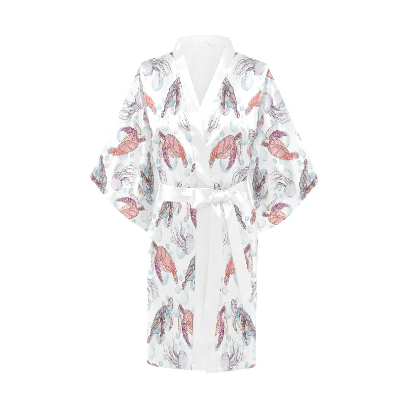 Watercolor sea turtle jellyfish pattern Women's Short Kimono Robe