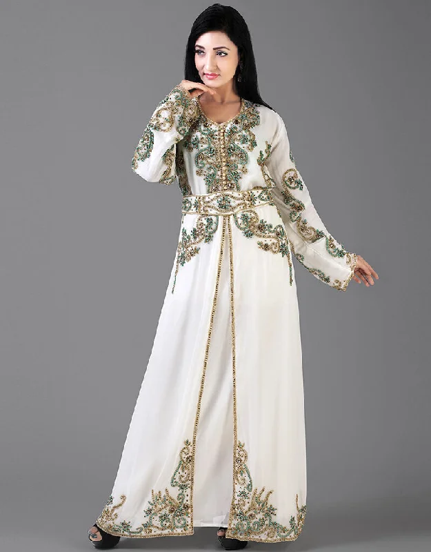 Modern White Georgette Hand Peral Embroidery Kaftan