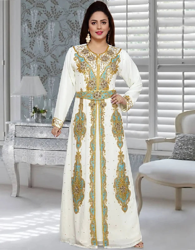 Trendy White Georgette Hand Zari Multi Embroidery Kaftan