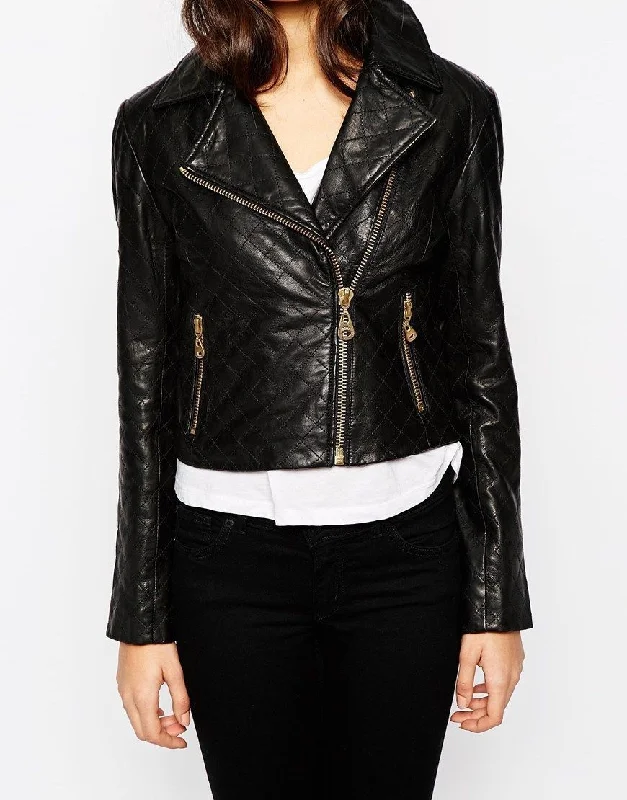 Women Real Lambskin Leather Biker Jacket KW077