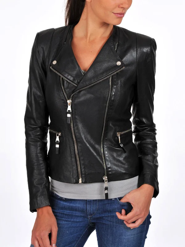 Women Real Lambskin Leather Biker Jacket KW079