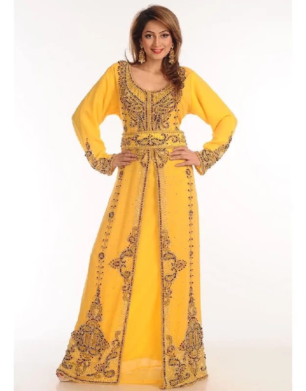 Islamic Yellow Georgette Hand Zari Embroidery Kaftan