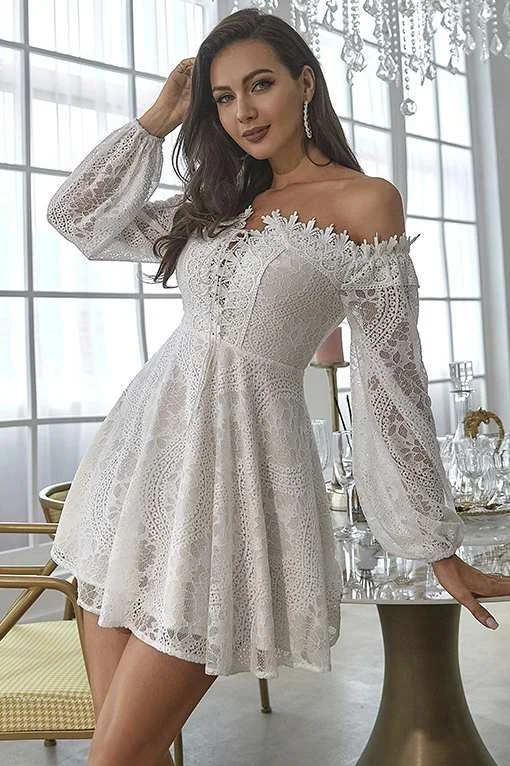 Off-White Lace Off-the-Shoulder Long Sleeve A-Line Party Dress