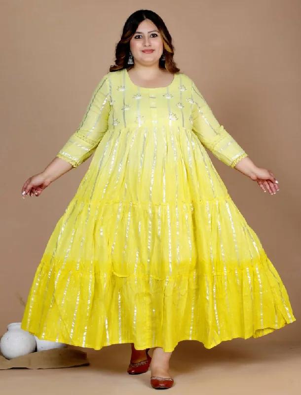 Miravan Women's Plus Size Cotton Embroidery And Lace Work Yellow Party Wear Anarkali Kurta