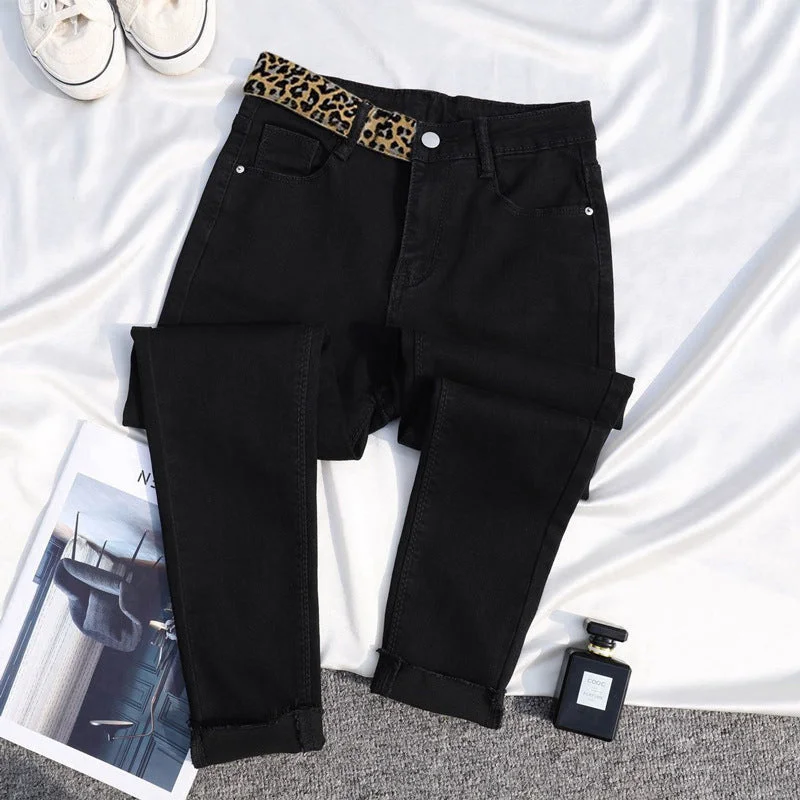 NiDELL Jeans Ladies New Black Panel Leopard Print High Waist Slim Fit Slimming and Tight Cropped Ankle Tight Pencil Pants Winter