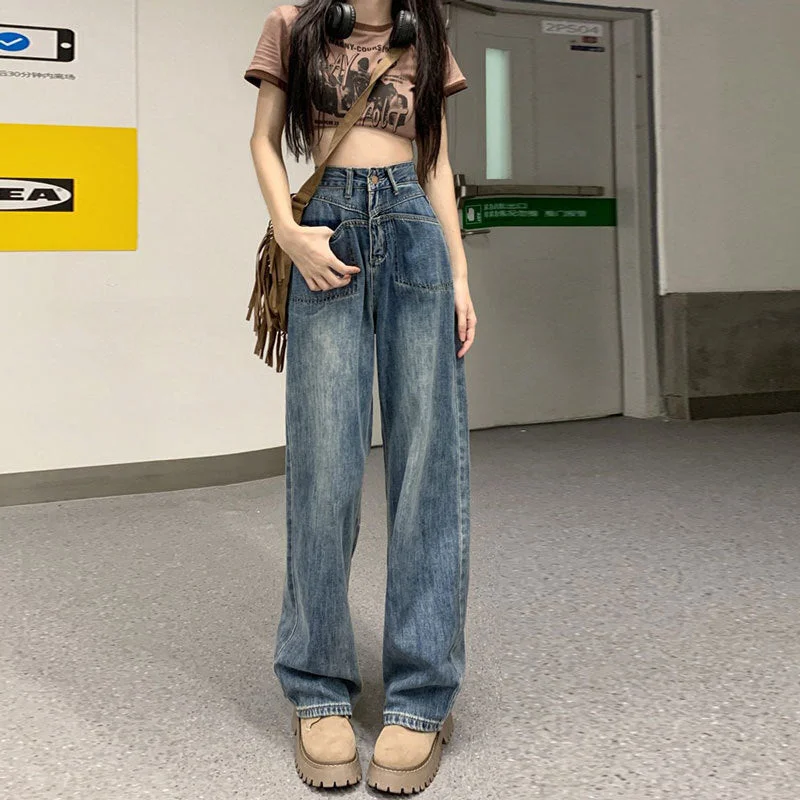 NiDELL Niche New Style Front Pocket Unique Design Straight High Waist Vintage High Street Wide Leg Jeans Mop Pants Women