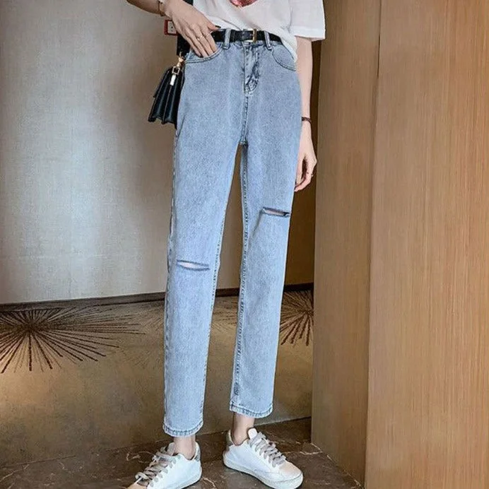 NiDELL Ripped Jeans for Female Students Korean Style Loose 2020 Autumn New All-Match High Waist Cropped Straight Pants Chic Fashion