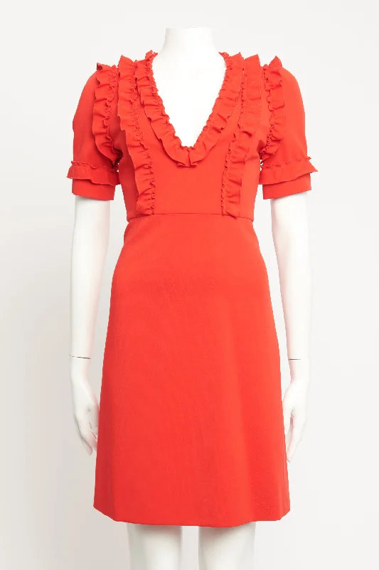 Red Ruffled Knit Deep-V Preowned Dress