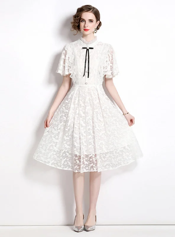 A-line White Lace Button Dress